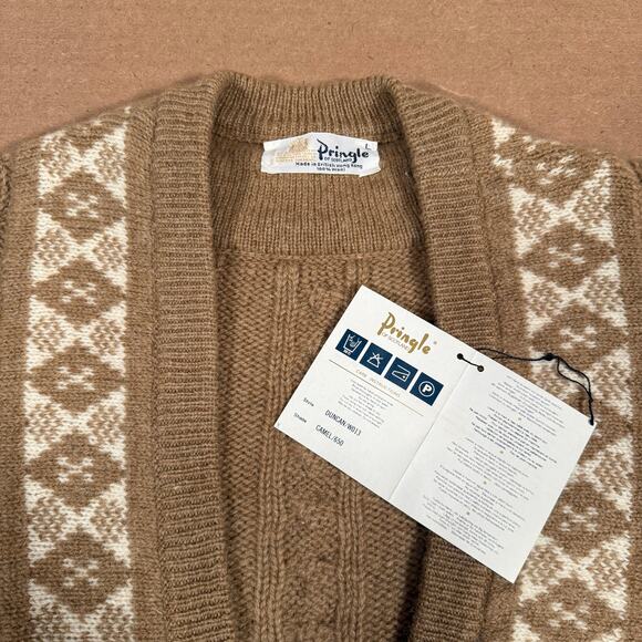 Vintage Pringle of Scotland Wool Cardigan Cable Knit Fair Isle Brown L 80s NWT - Picture 6 of 8